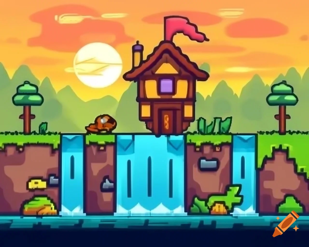 Scribblenauts style scene with waterfall, fairy house, sunset, and frogs
