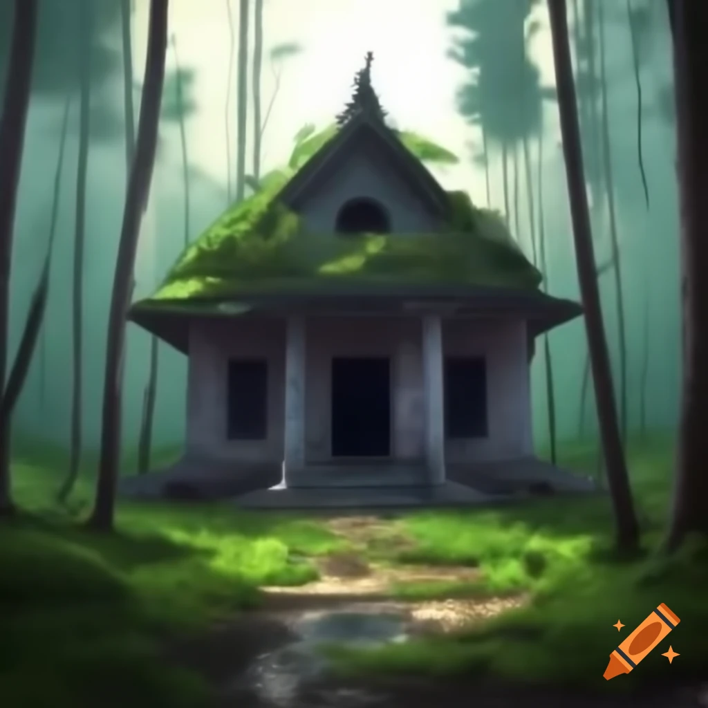 Abandoned simple temple in a lush forest
