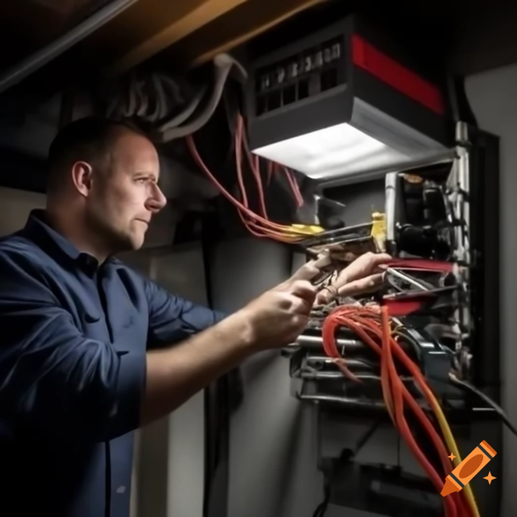 Technician working on control cabinet with flashlight and screwdriver, cables visible