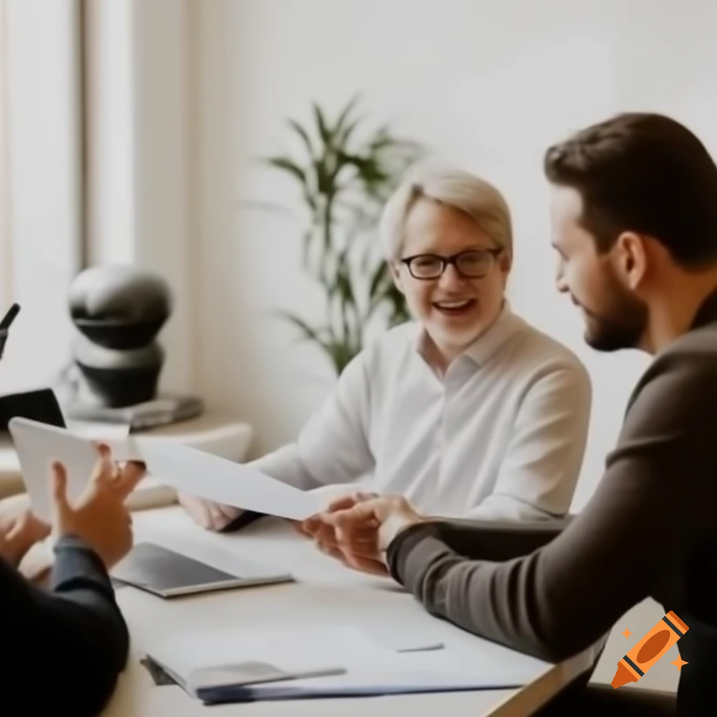 Caucasian team consulting mid-aged client with personalized documents on desk