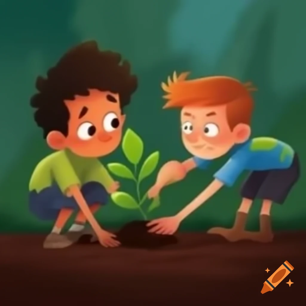 Boys planting while one conceals a cutter, earth appears sad