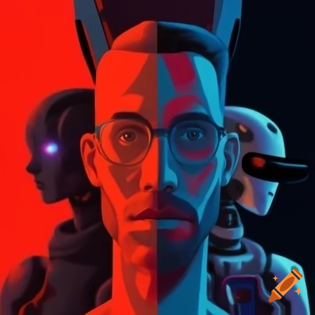 Street art featuring a mixed man and robot in red and blue colors