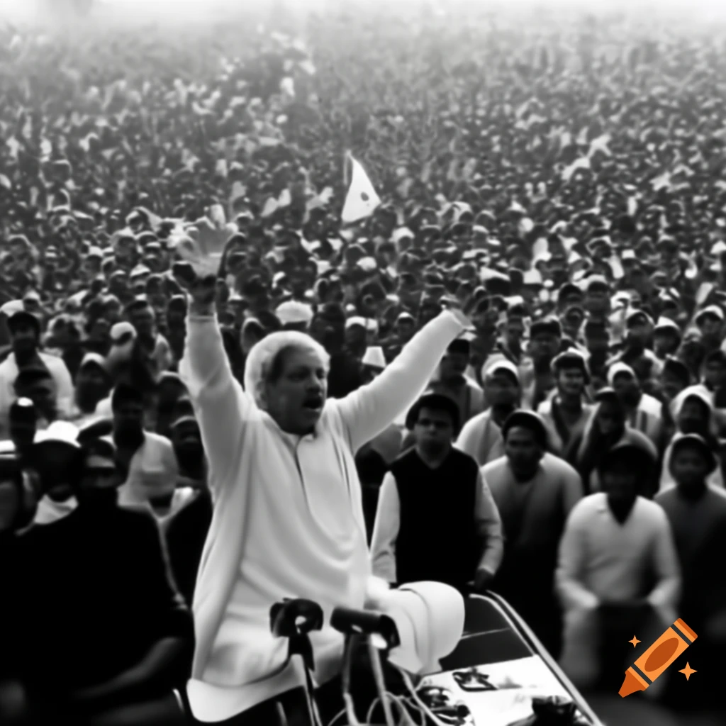 Political rally in East Pakistan with Sheikh Mujibur Rahman speaking to large crowd, 2D animation