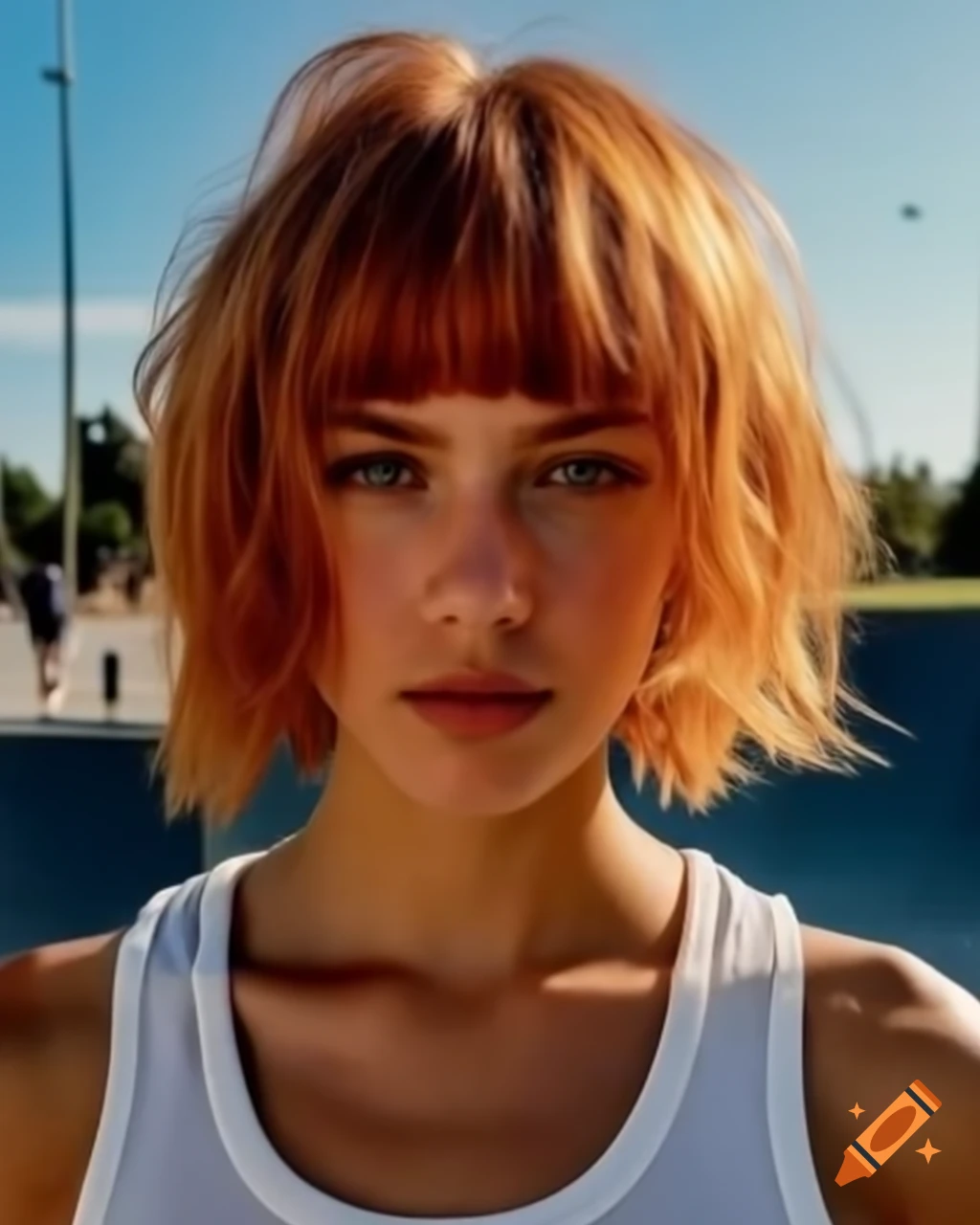 Hyper-realistic French female skater with ginger hair and blushing expression in skate park