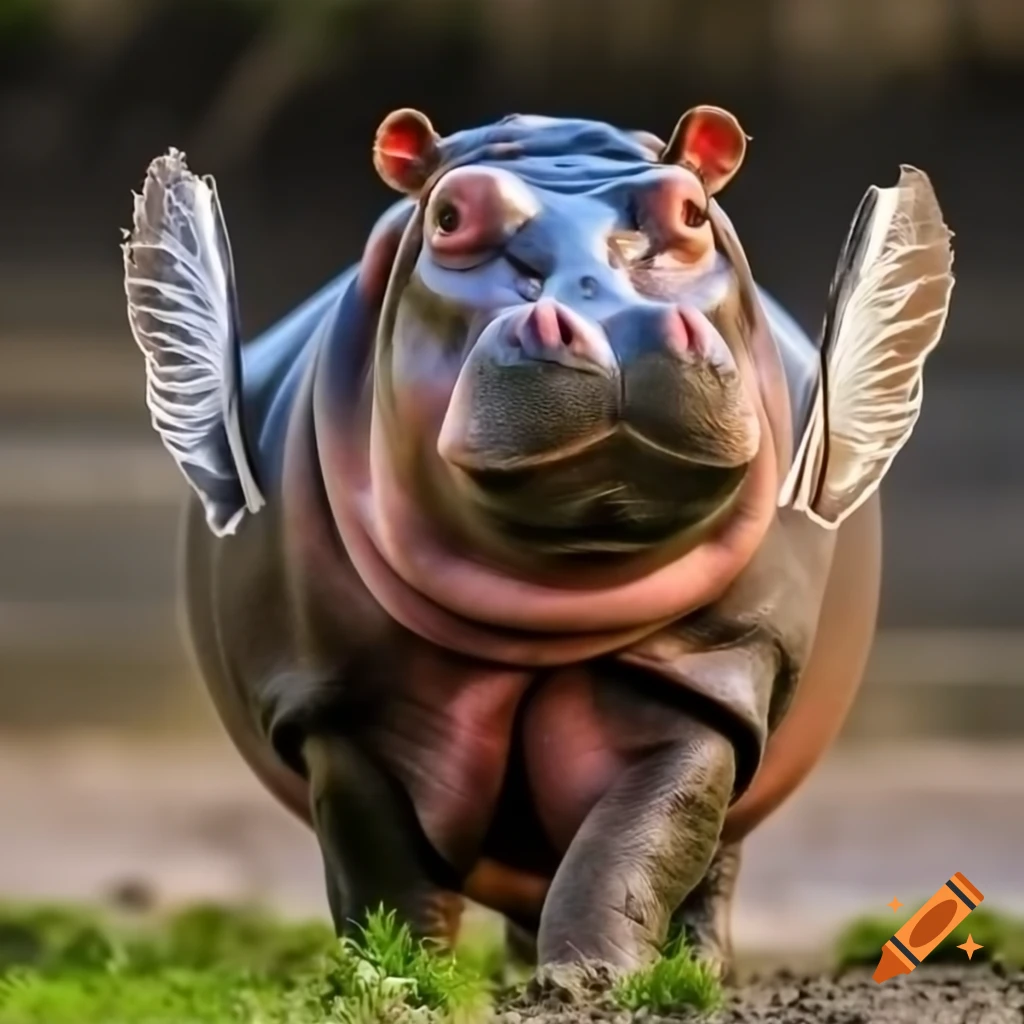 Hippo with tiny wings and long tail, whimsical illustration
