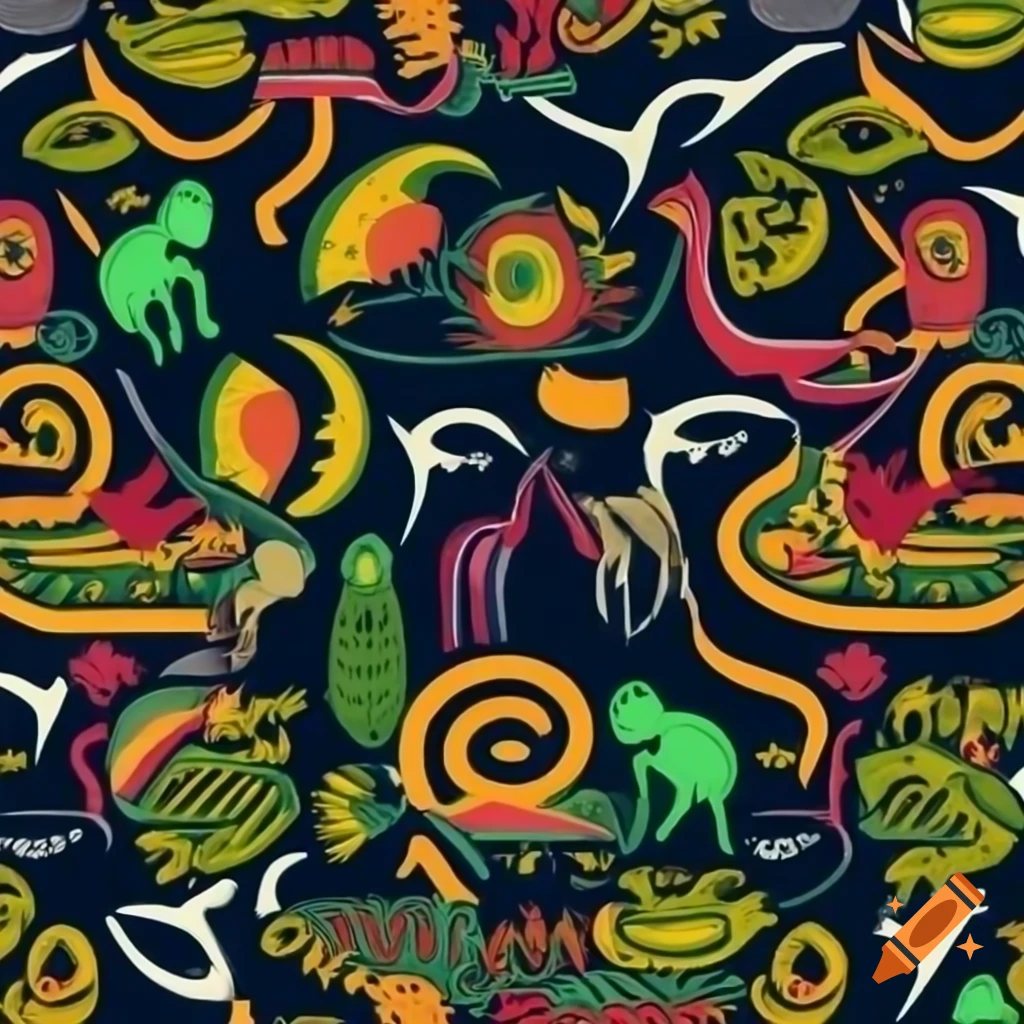 Color serigraph of native Salish motifs featuring fantasy creatures and animal-human hybrids