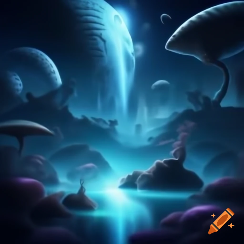 Surreal alien landscape with defying gravity and fantastical nature concepts in blue hues