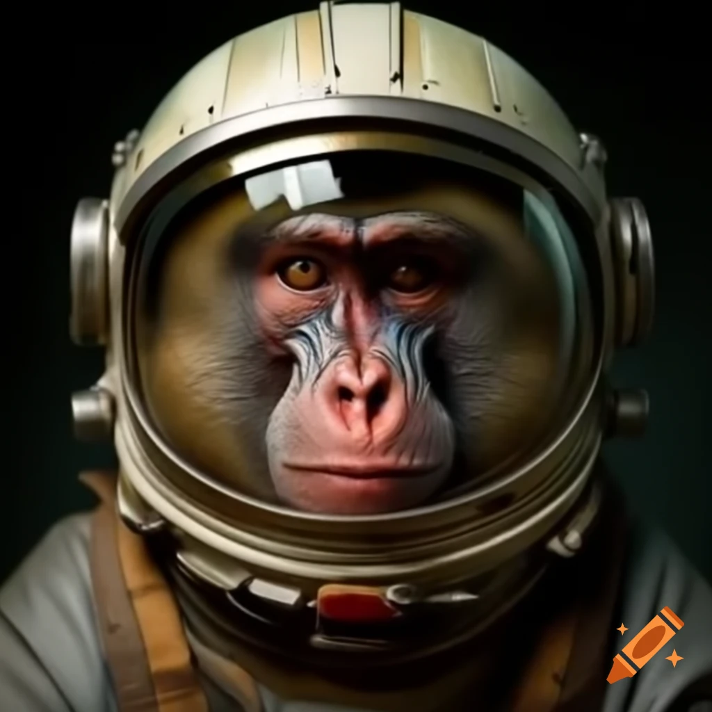 Baboon in space helmet illustrated in Alphonse Mucha style