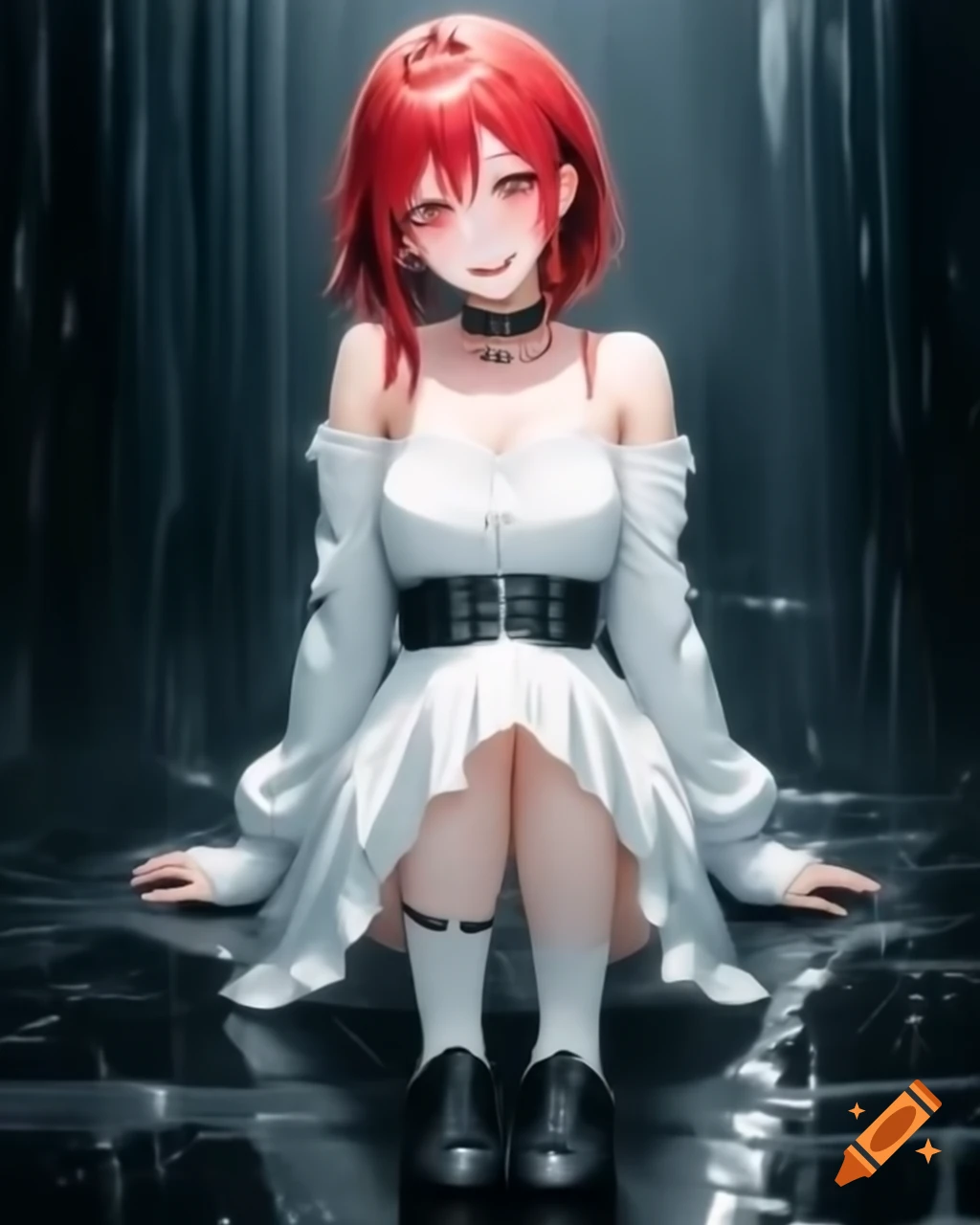 Goth anime woman with red hair smiling in white dress during rain, wearing black shoes