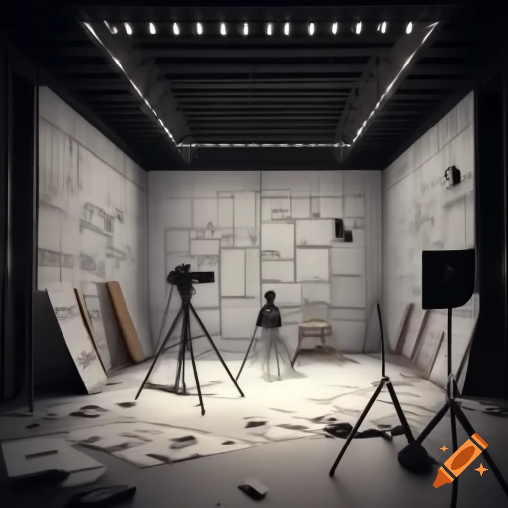 Commercial filming studio under construction with video tape and storyboard sketches