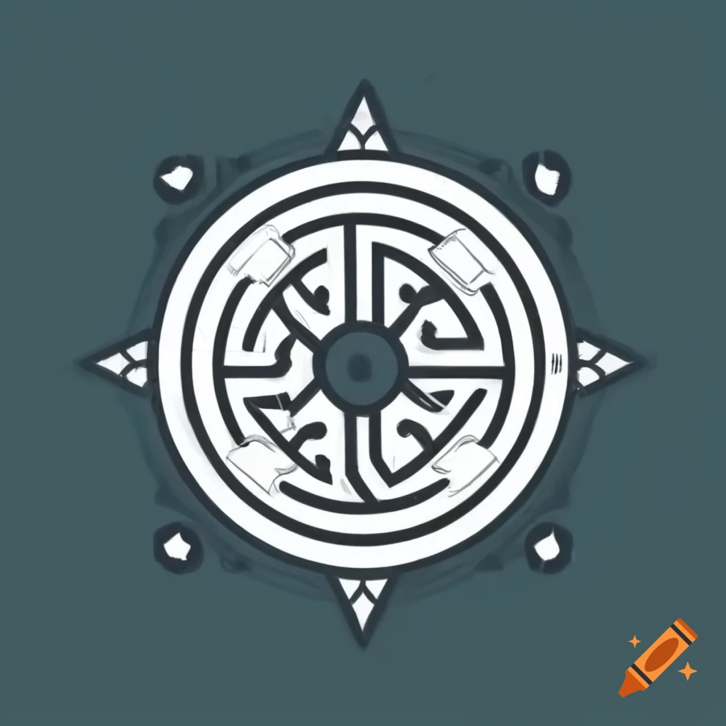 Ink drawing of a fantasy country sigil inspired by ancient Macedonia
