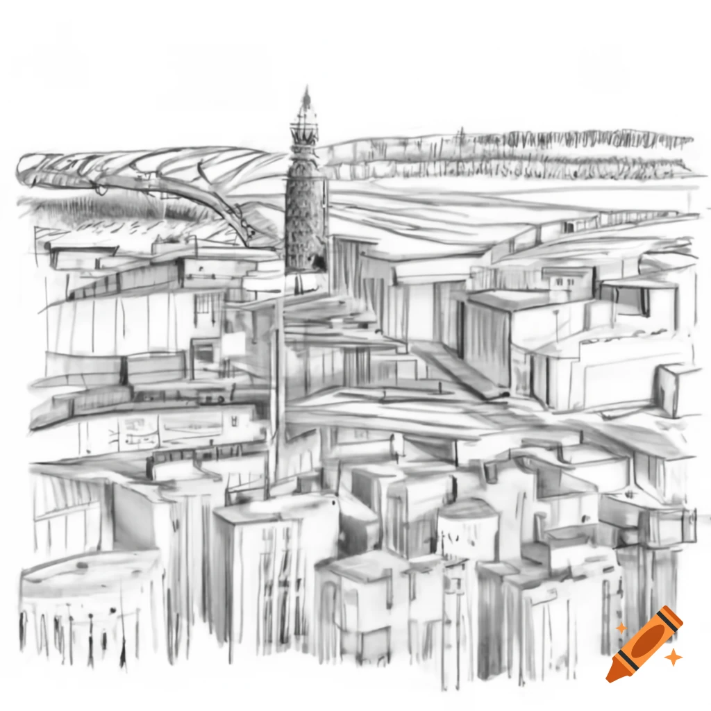Modern city and rural historical contrast in pencil drawing