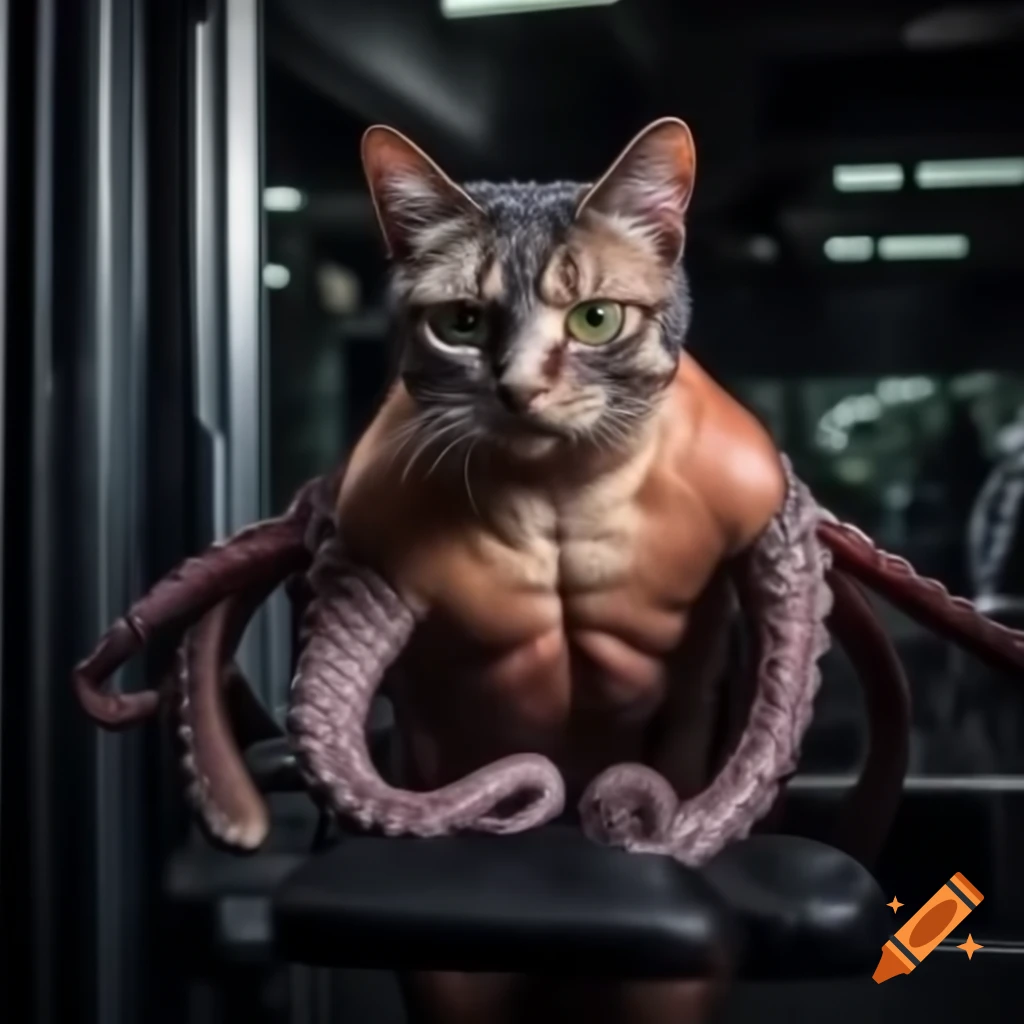 Muscular octopus with cat head working out at the gym