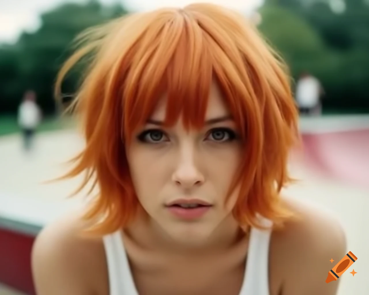 Hyper-realistic portrait of a French female cosplayer with ginger hair in a skate-park