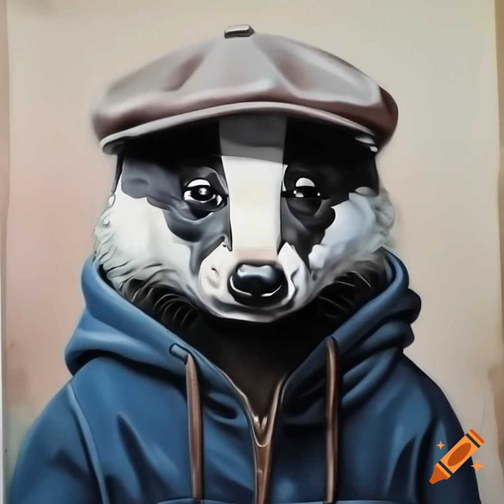 Badger in jeans and hoodie wearing flat cap, Banksy style