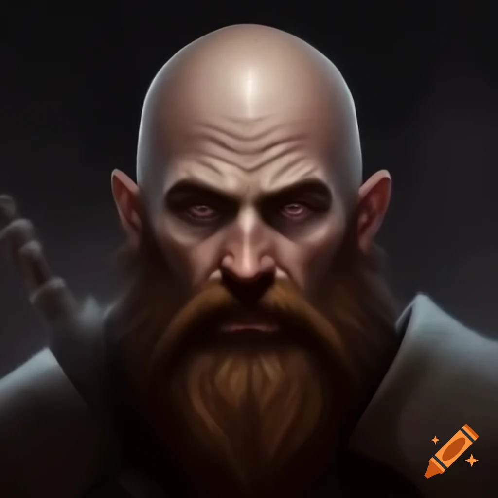 Realistic portrait of a medieval summoner with balding head and patchy beard