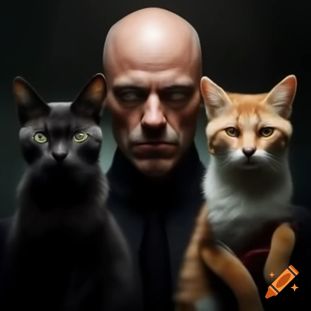Bald man with a black cat and a checkered cat, alongside a fox