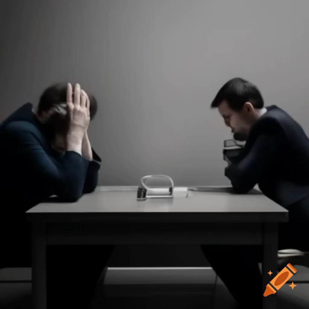 Interrogation scene with man in handcuffs and detective at table