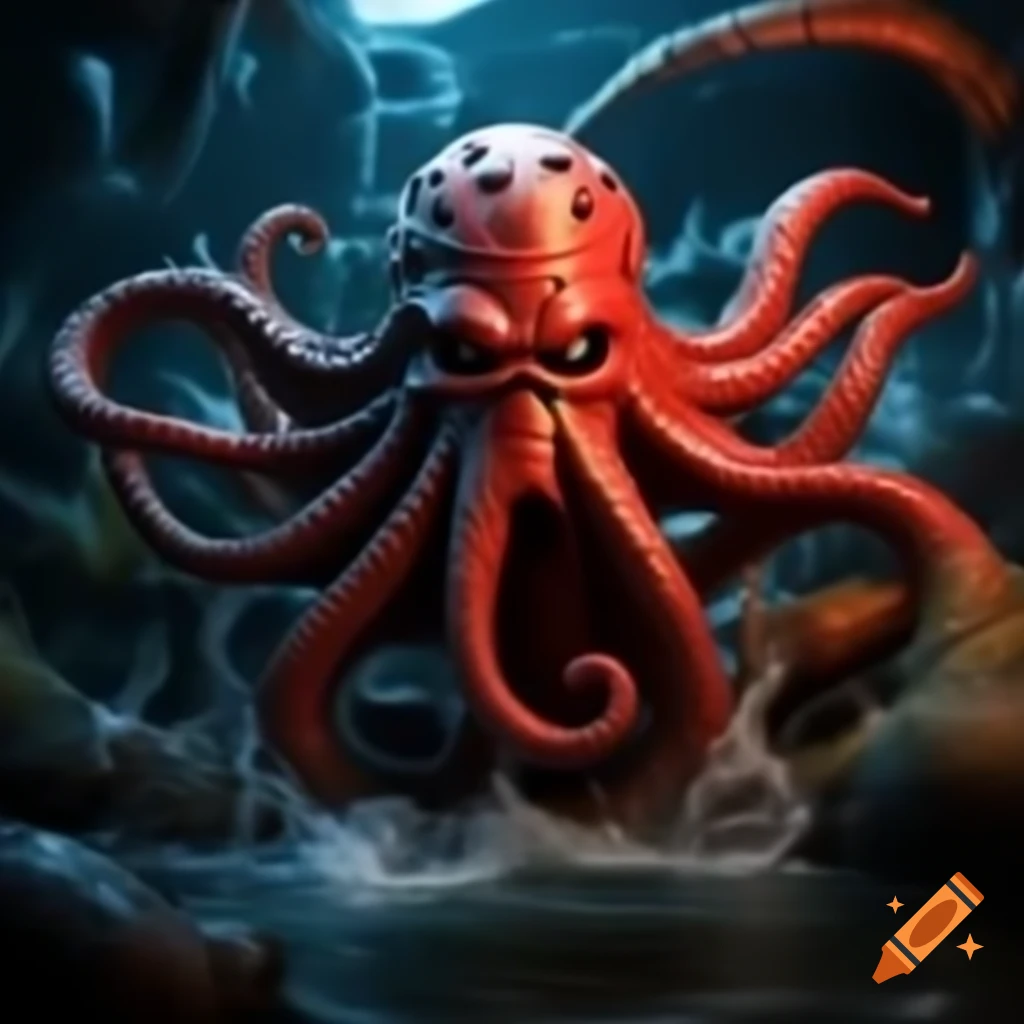 Realistic animatronic kraken attacking from water in artistic style