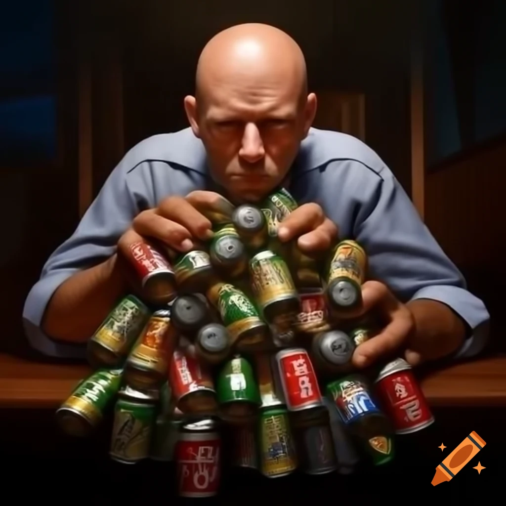 Bald man surrounded by numerous beer cans