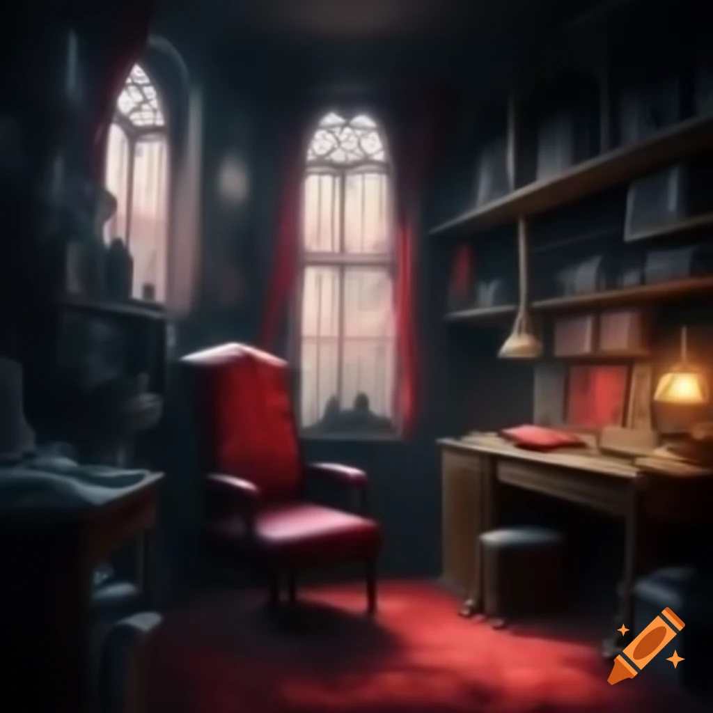 Vampire study room with no windows, dark and atmospheric