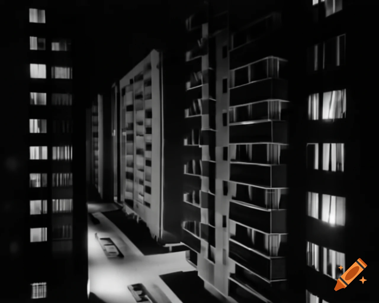 Post-Soviet apartment blocks illuminated at night