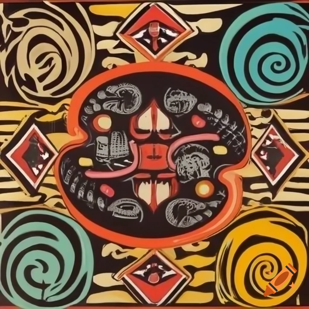 Color serigraph of Salish motifs with fantasy creatures and spirit masks inspired by Ivan Bilibin