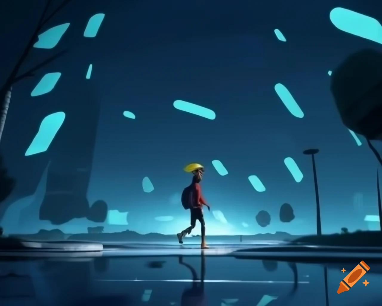 Futuristic scene of walking in the rain