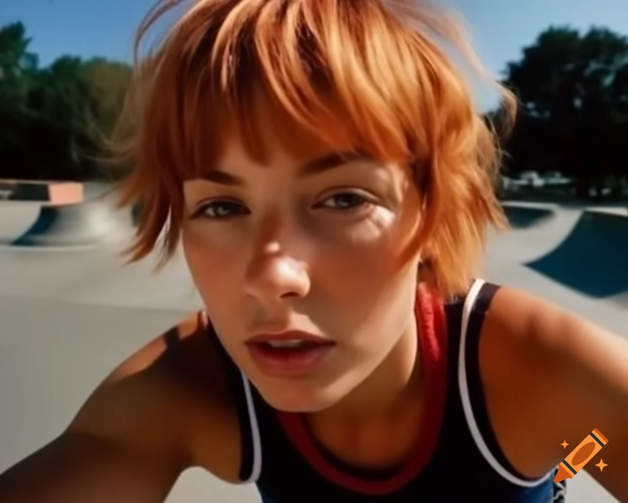 Hyper-realistic portrait of French female in tank top at skate park