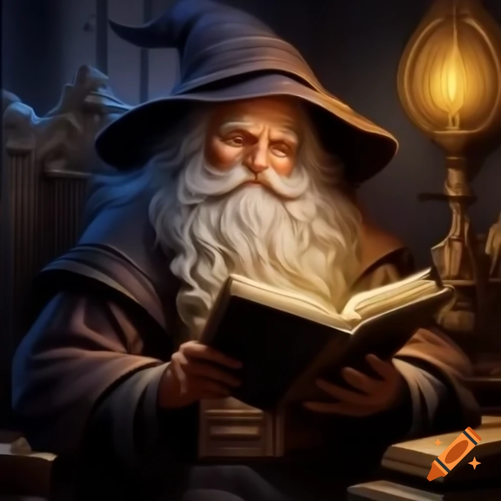 Old wizard reading mystical book with glowing crystal ball in dark room