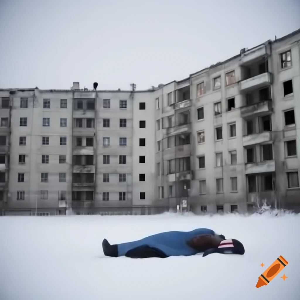 Abandoned Russian visotka buildings in snow with a person sleeping outdoors