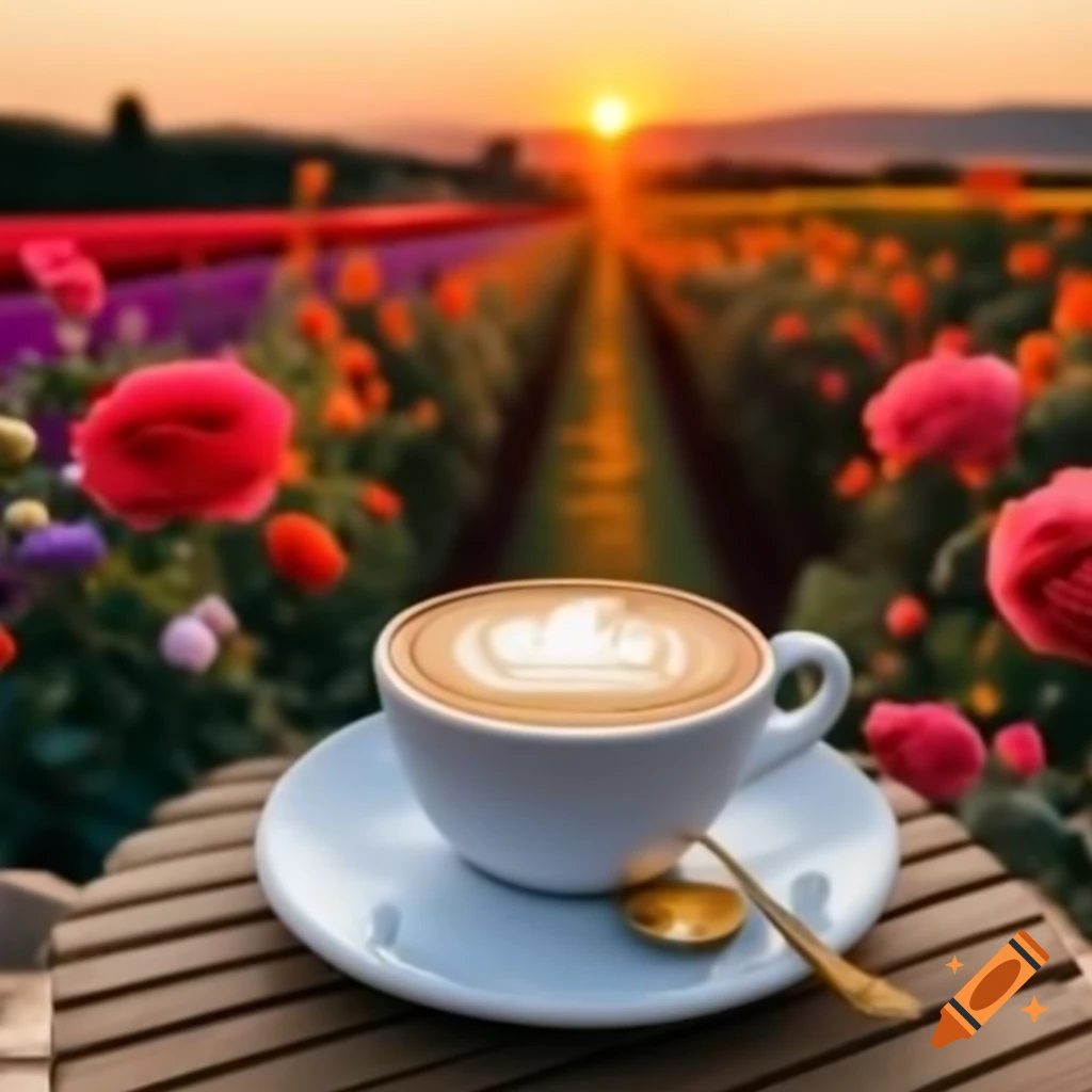 Serene outdoor sunrise with green fields and blooming roses, latte with heart foam