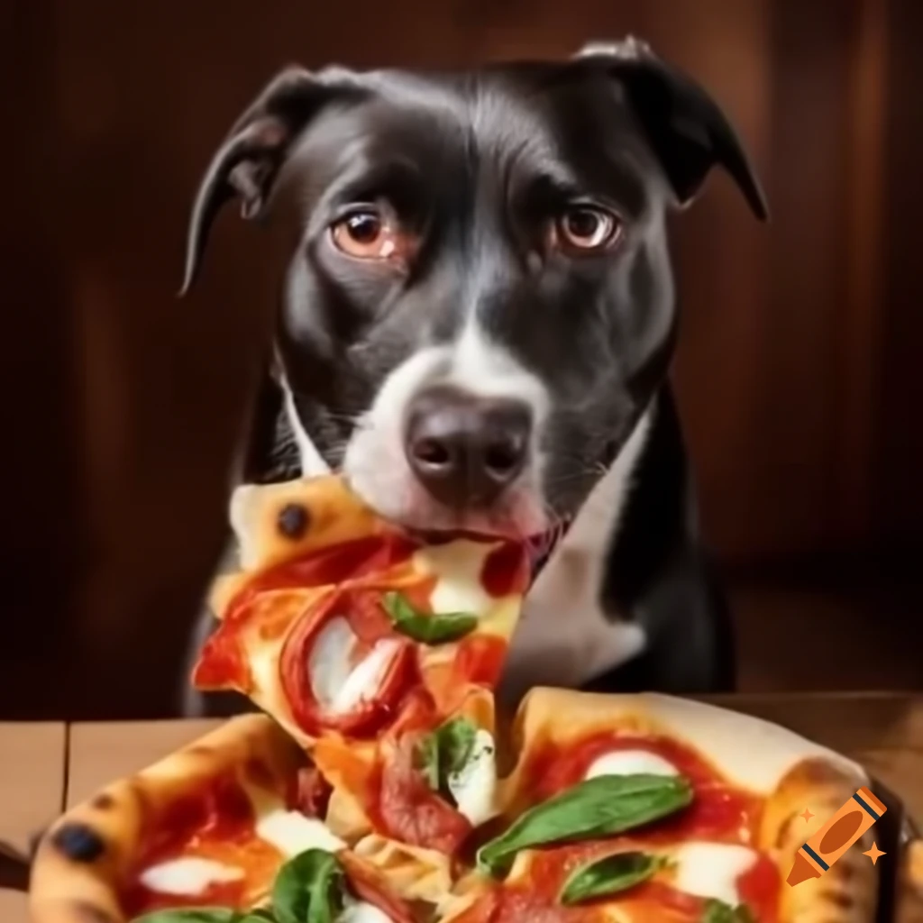 Dog happily eating pizza