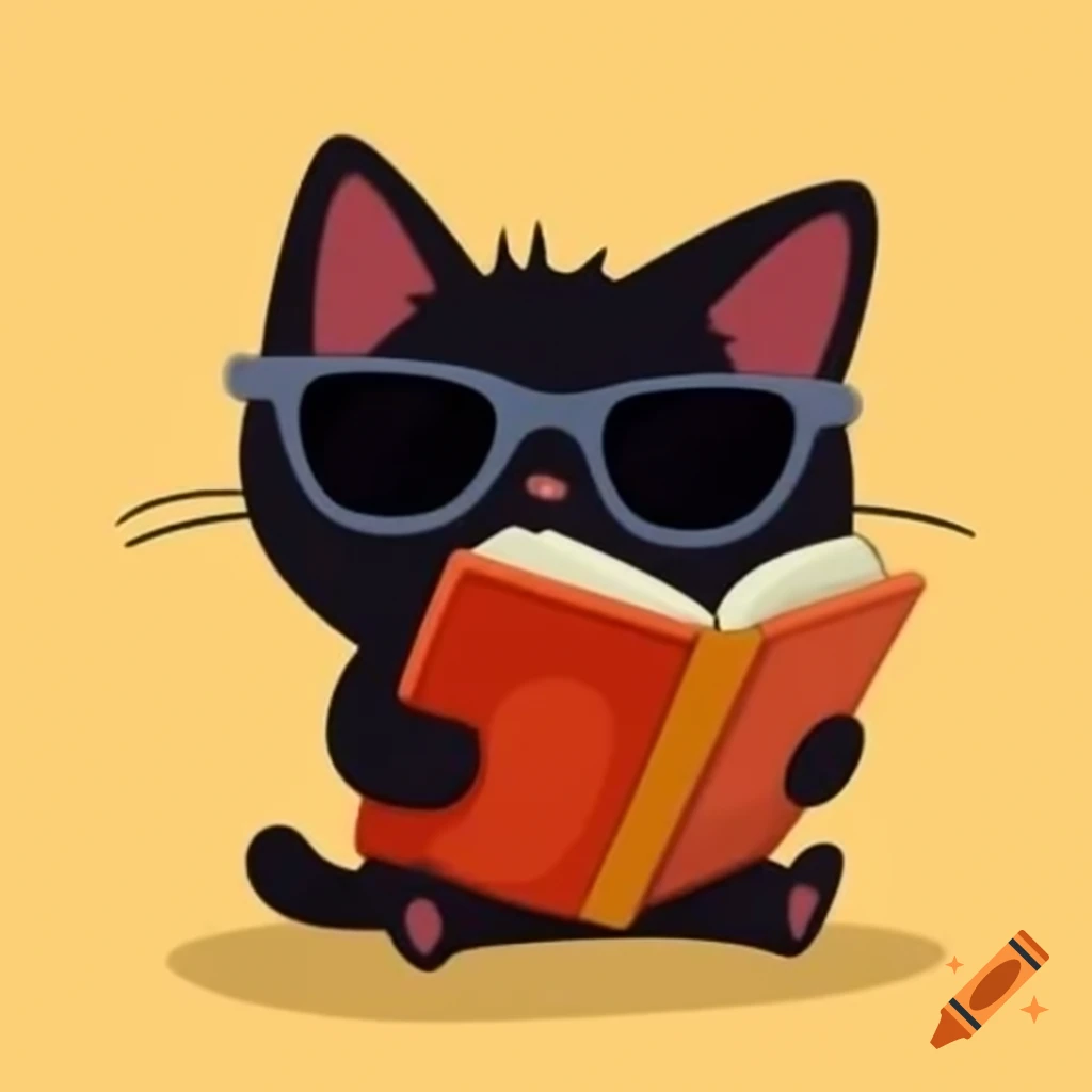 Cartoon of a black cat with sunglasses reading a book