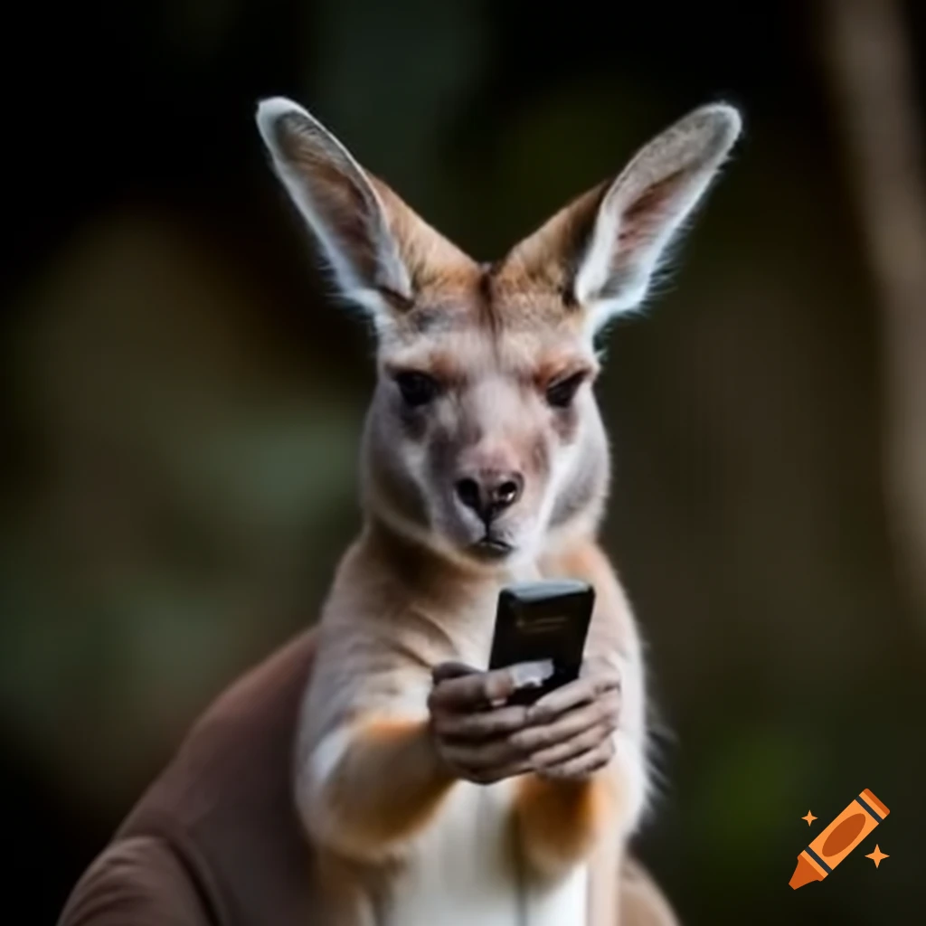 Kangaroo holding a cell phone in its paws, portrait style