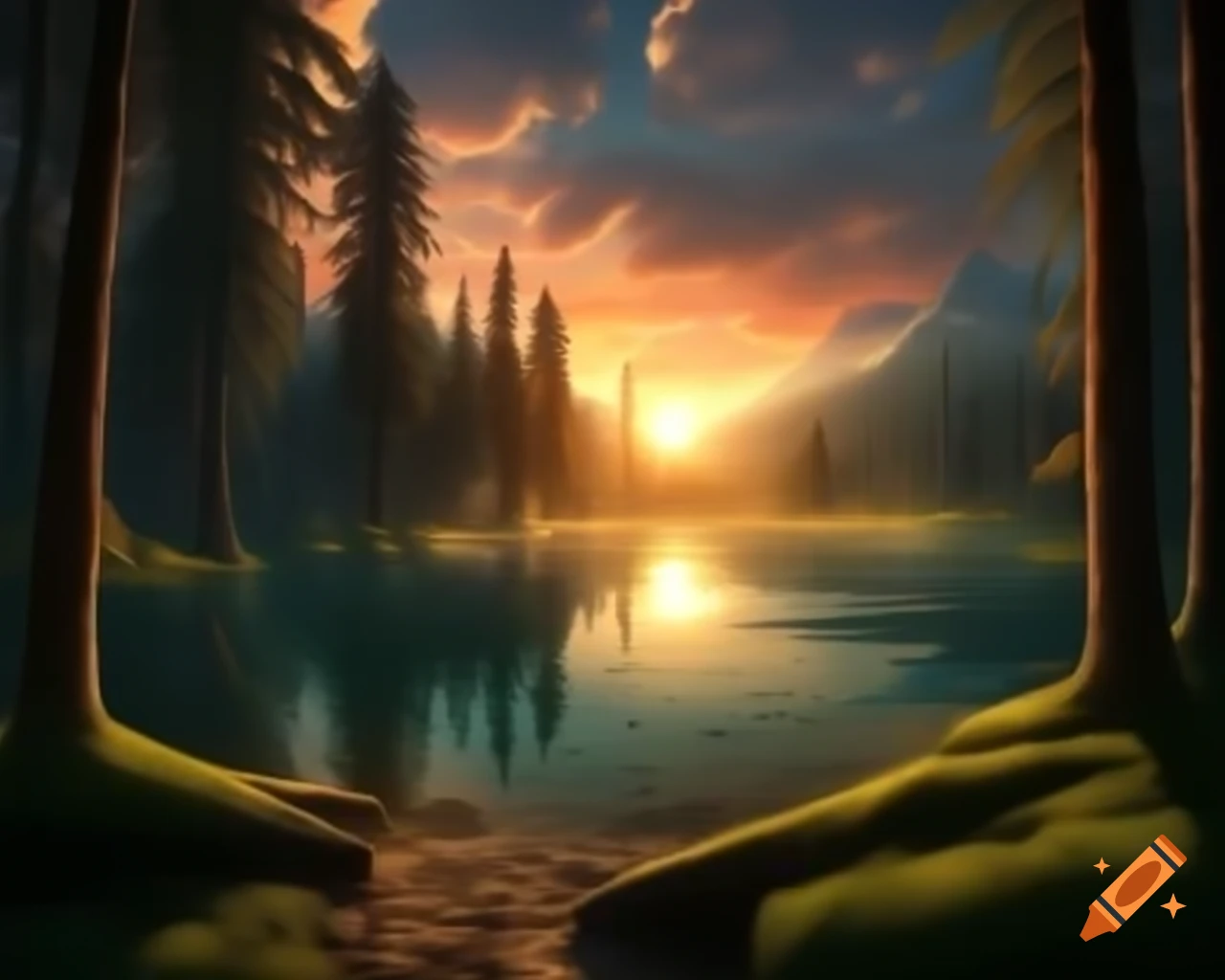 Surrealistic orange monster in forest by lake at sunset with reflections