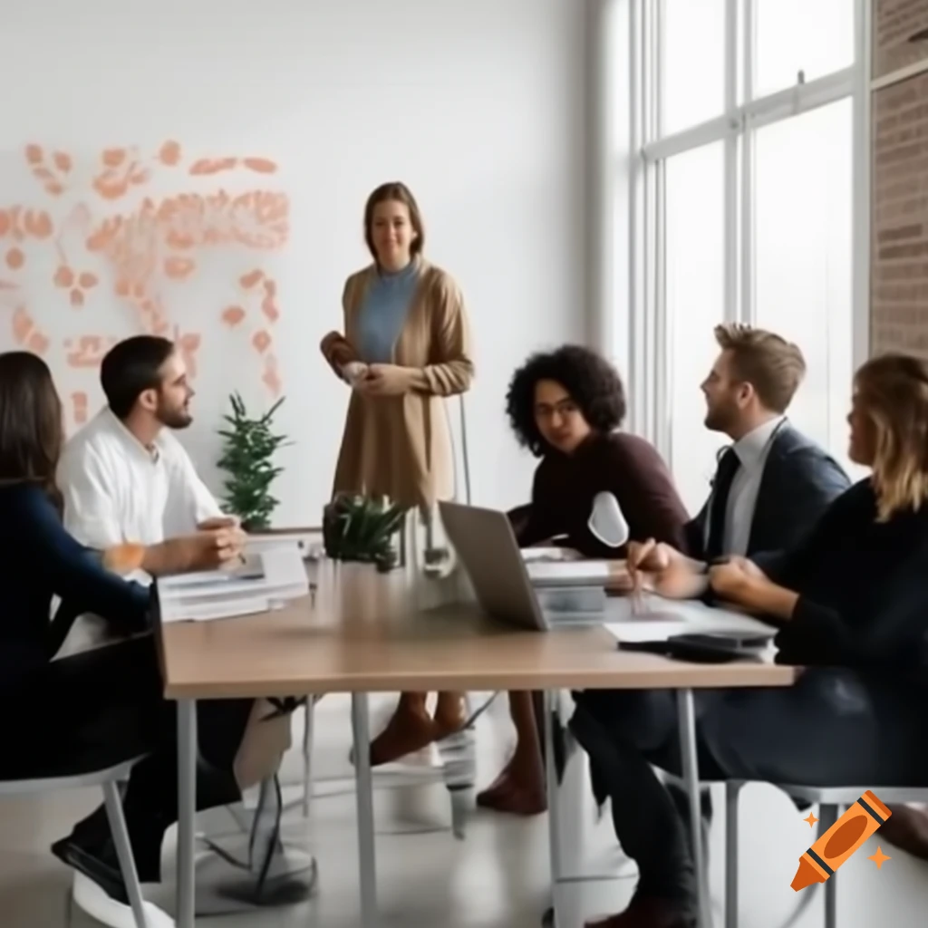 Diverse group of professionals in modern real estate office dressed in business casual attire