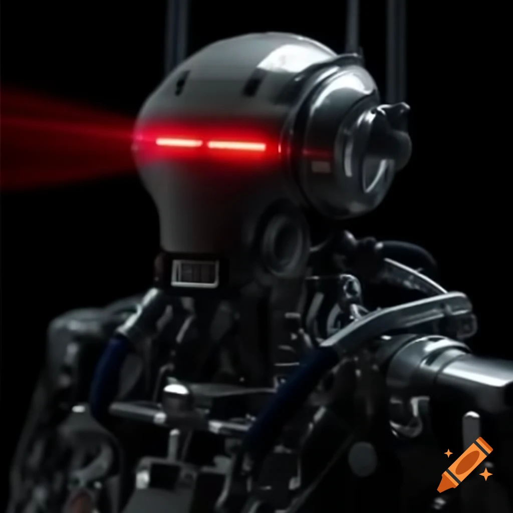 Robotic figure with red eyes and jet pack
