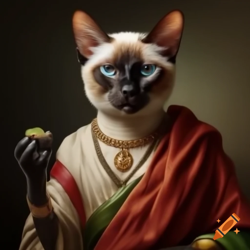 Anthropomorphic long-haired Siamese cat in colorful robe and gold jewelry holding a small toad
