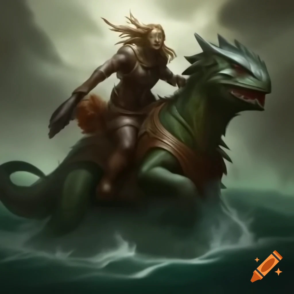 Warrior riding aquatic lizard-like creature with saddle