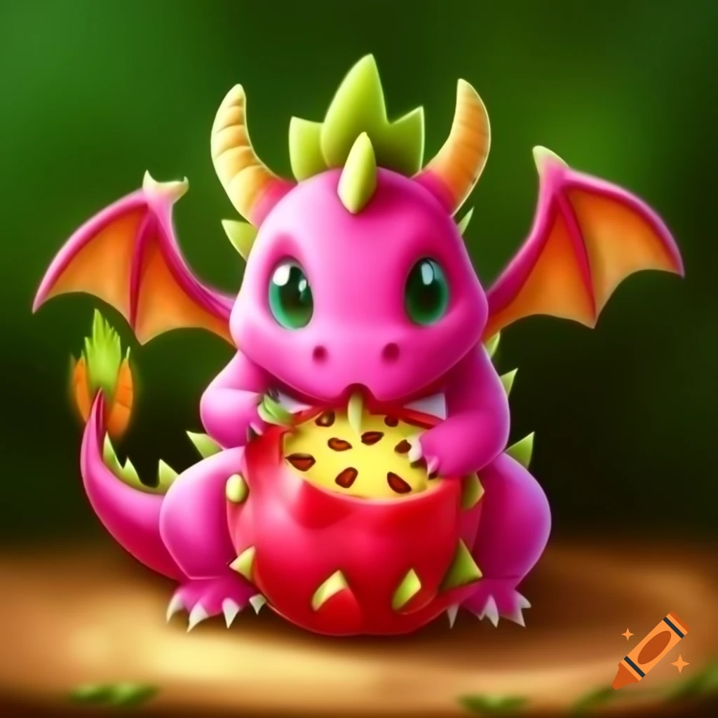 Cute dragon eating dragon fruit cut in half