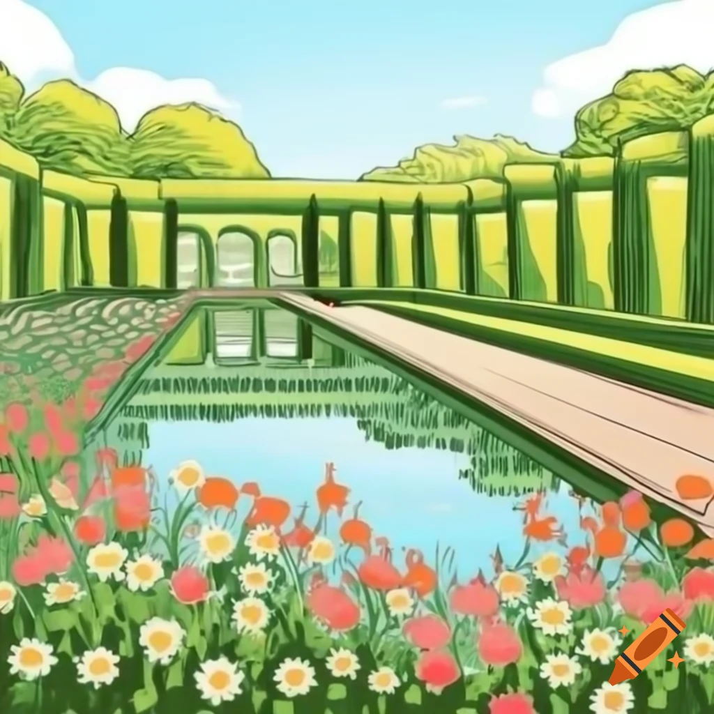 Detailed oil painting of English garden reflecting flowers under clear skies