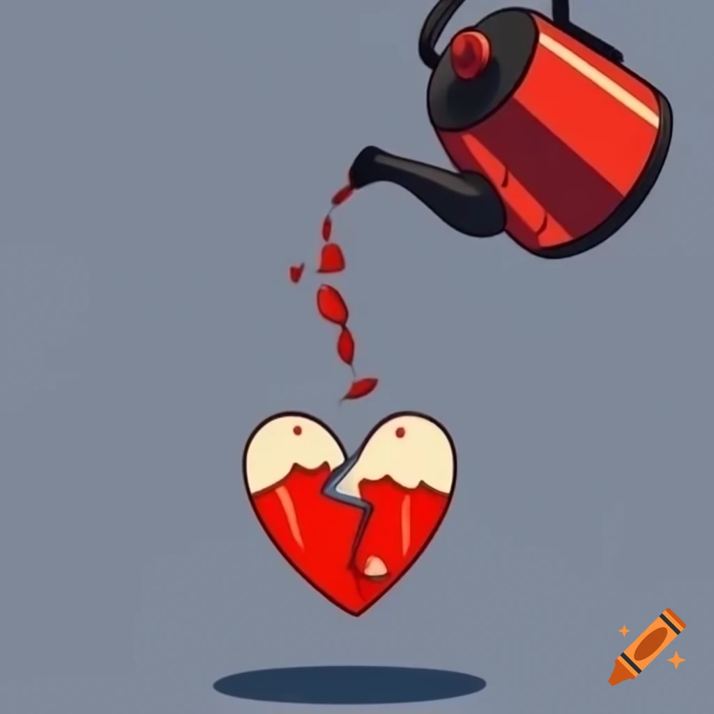 Cartoon logo of tea kettle pouring tea onto a broken heart