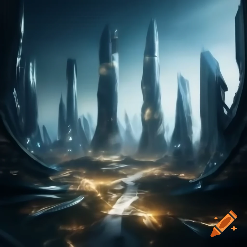 Futuristic cityscape with laser-powered skyscrapers