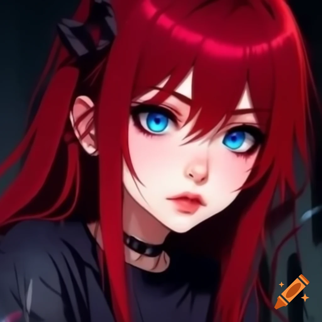 Emo anime girl with red hair and blue eyes