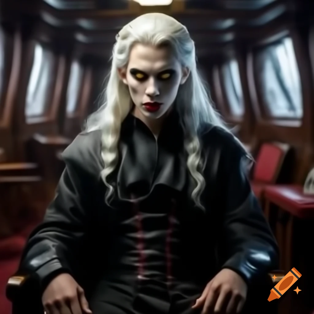 Young vampire prince with white hair and yellow eyes in black robe sitting in ship cabin