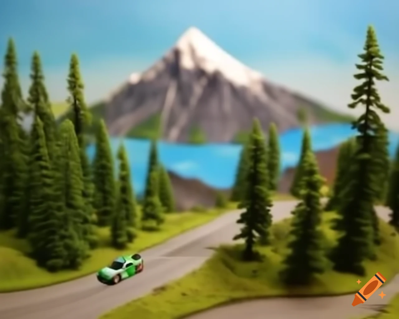 Miniature diorama of mountain lake with car rally race