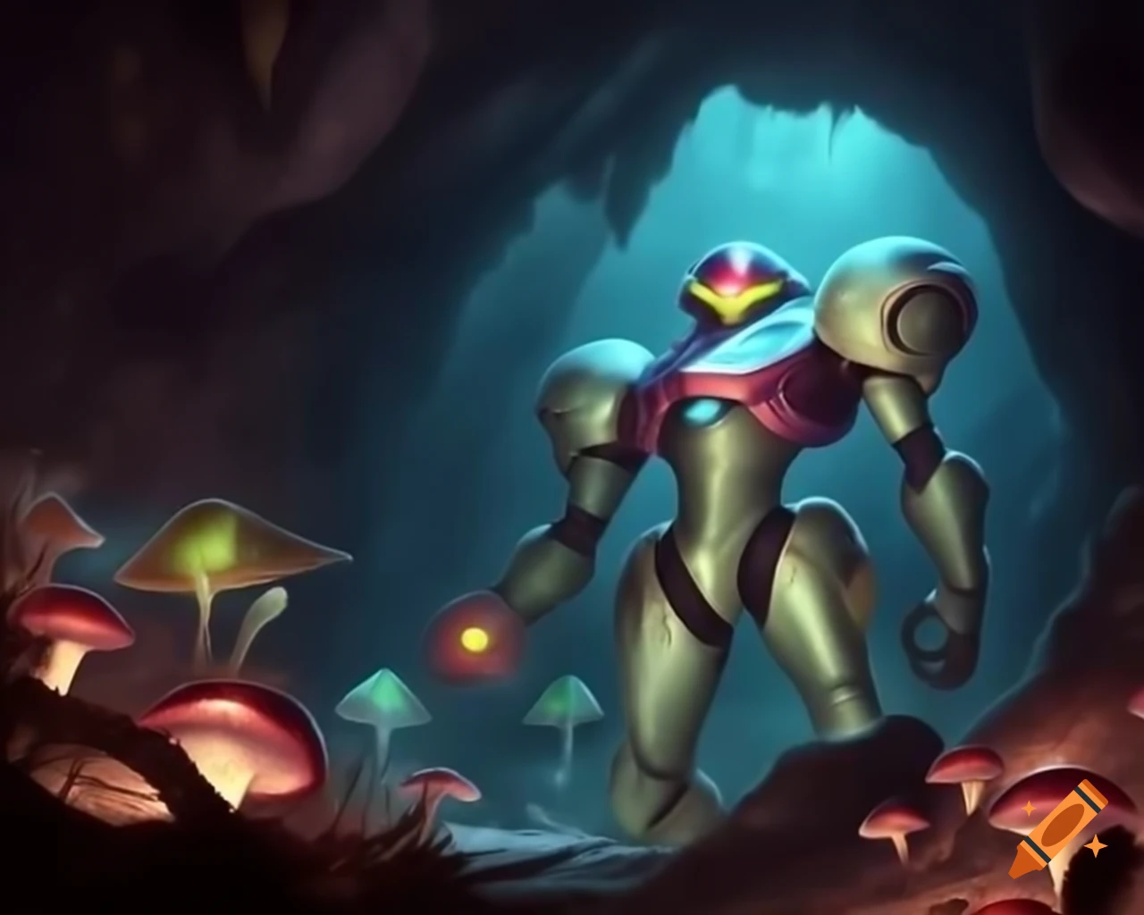 Samus from Metroid exploring cave filled with glowing mushrooms