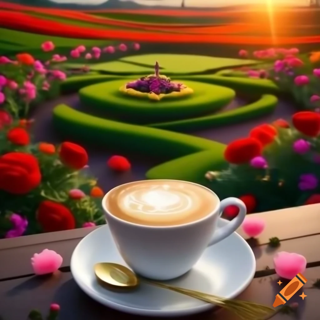 Serene outdoor sunrise with green fields and blooming roses, latte with heart foam