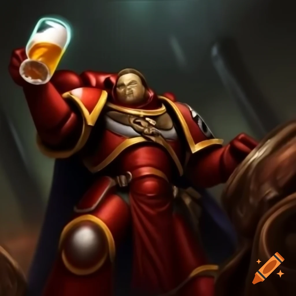 Chaos space marine in red armor raising beer glass in triumph